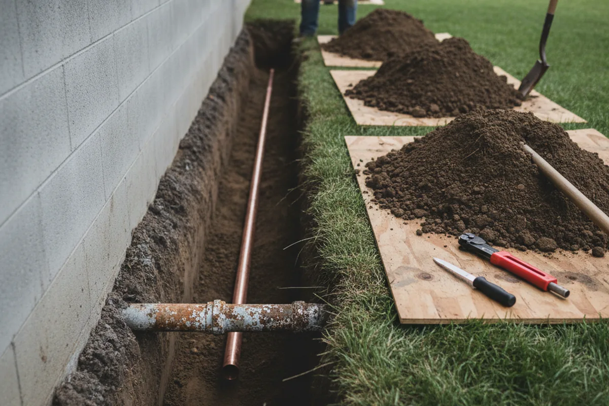 Excavated water line trench during Sewer Line Repair in Saint Louis